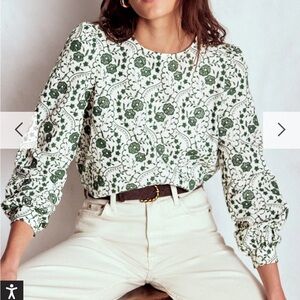 Boden Ivory & Green Floral Embroidered Cotton Dobby LS Top Women’s Size 16/18